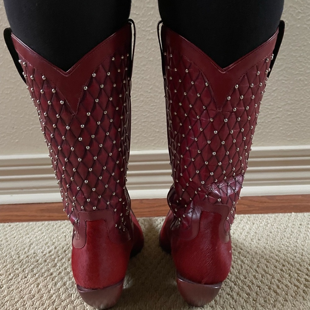 RARE Donald Pliner Ruby Red Hair On Hide Western Boots (8) - Picture 5 of 14